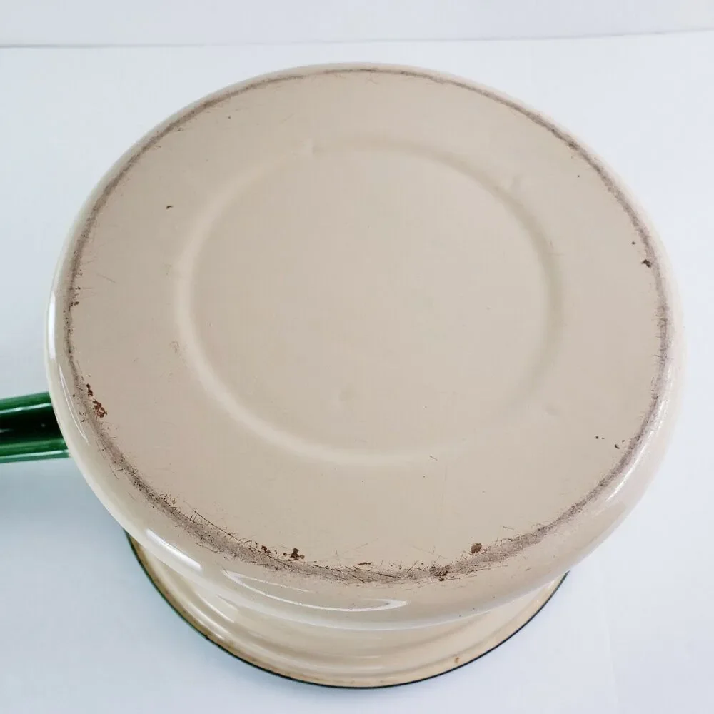Vtg Cream & Green Enamel Sauce Pan Stock Pot w/ Lid Primitive Camping Rustic